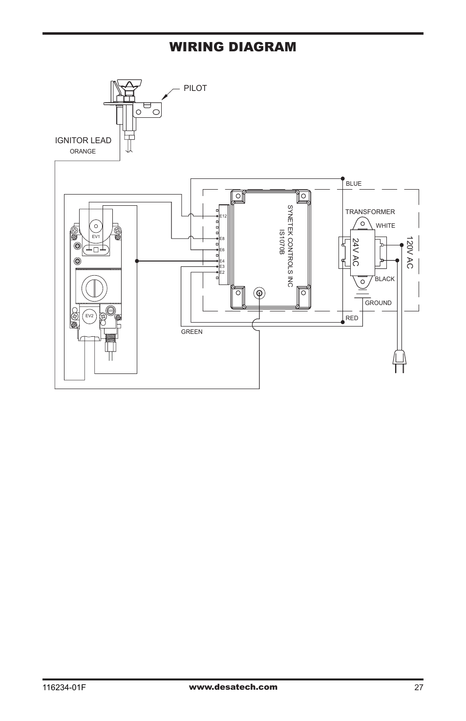 Wiring diagram, Ignitor lead, Pilot | 24v ac, 120v ac | Desa (V)TC36NE SERIES User Manual | Page 27 / 40