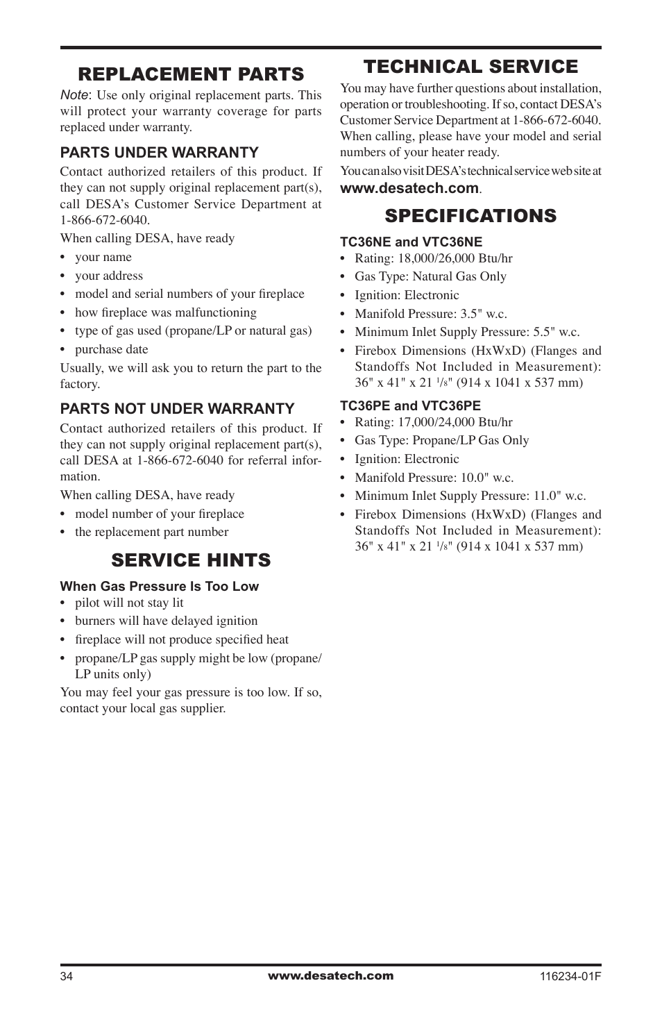 Replacement parts, Service hints, Technical service | Specifications | Desa (V)TC36NE SERIES User Manual | Page 34 / 40