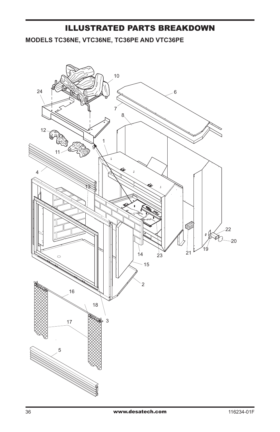 Illustrated parts breakdown and parts list, Illustrated parts breakdown | Desa (V)TC36NE SERIES User Manual | Page 36 / 40
