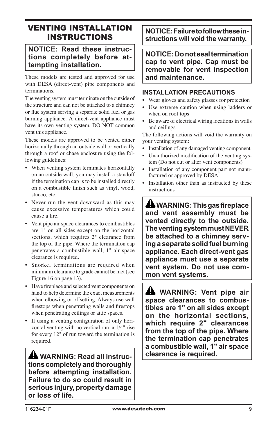 Venting installation instructions | Desa (V)TC36NE SERIES User Manual | Page 9 / 40