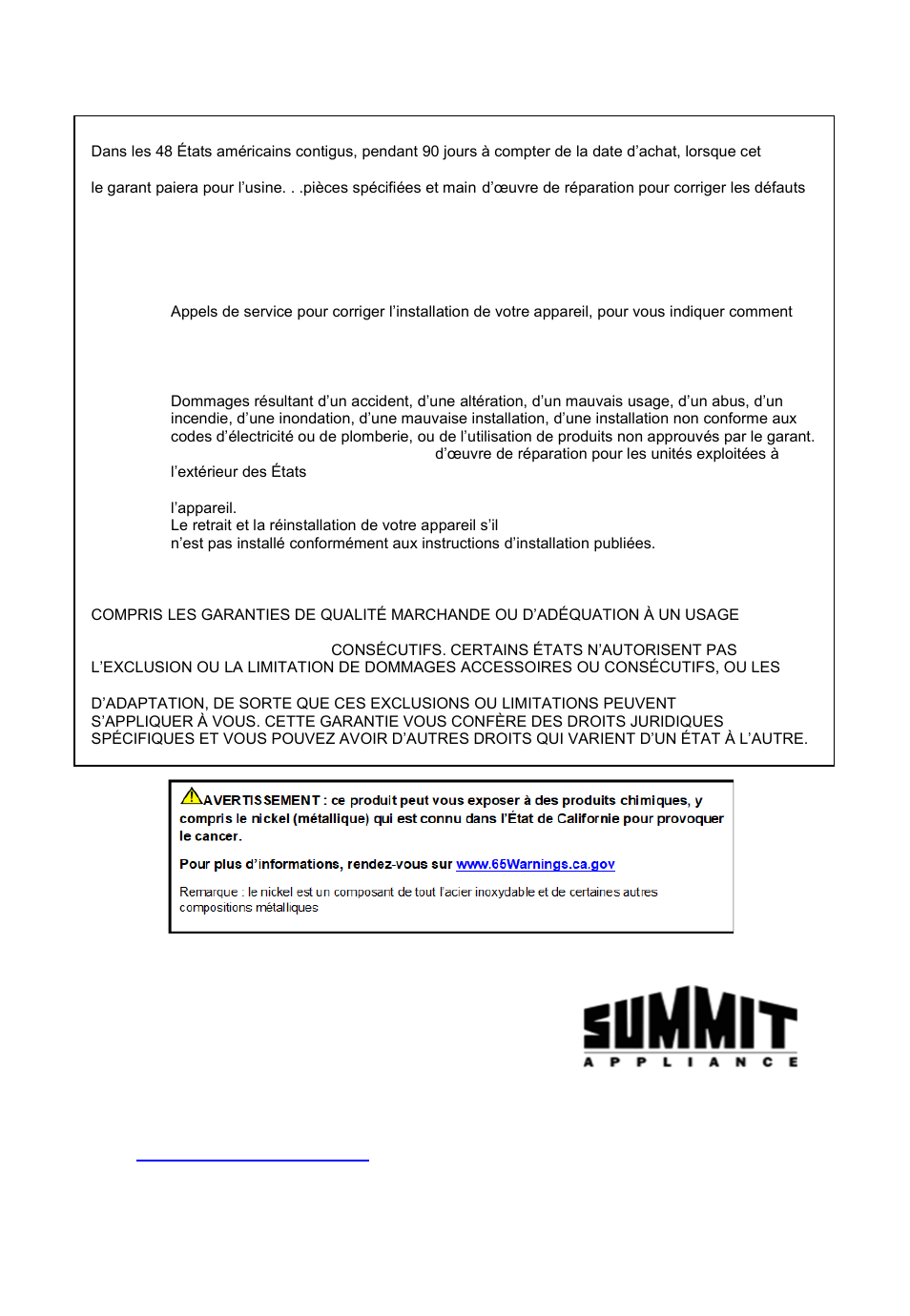 Garantie limitée | Summit 1.2 cu. ft. Built-In Drawer Microwave Installation Guide User Manual | Page 42 / 42