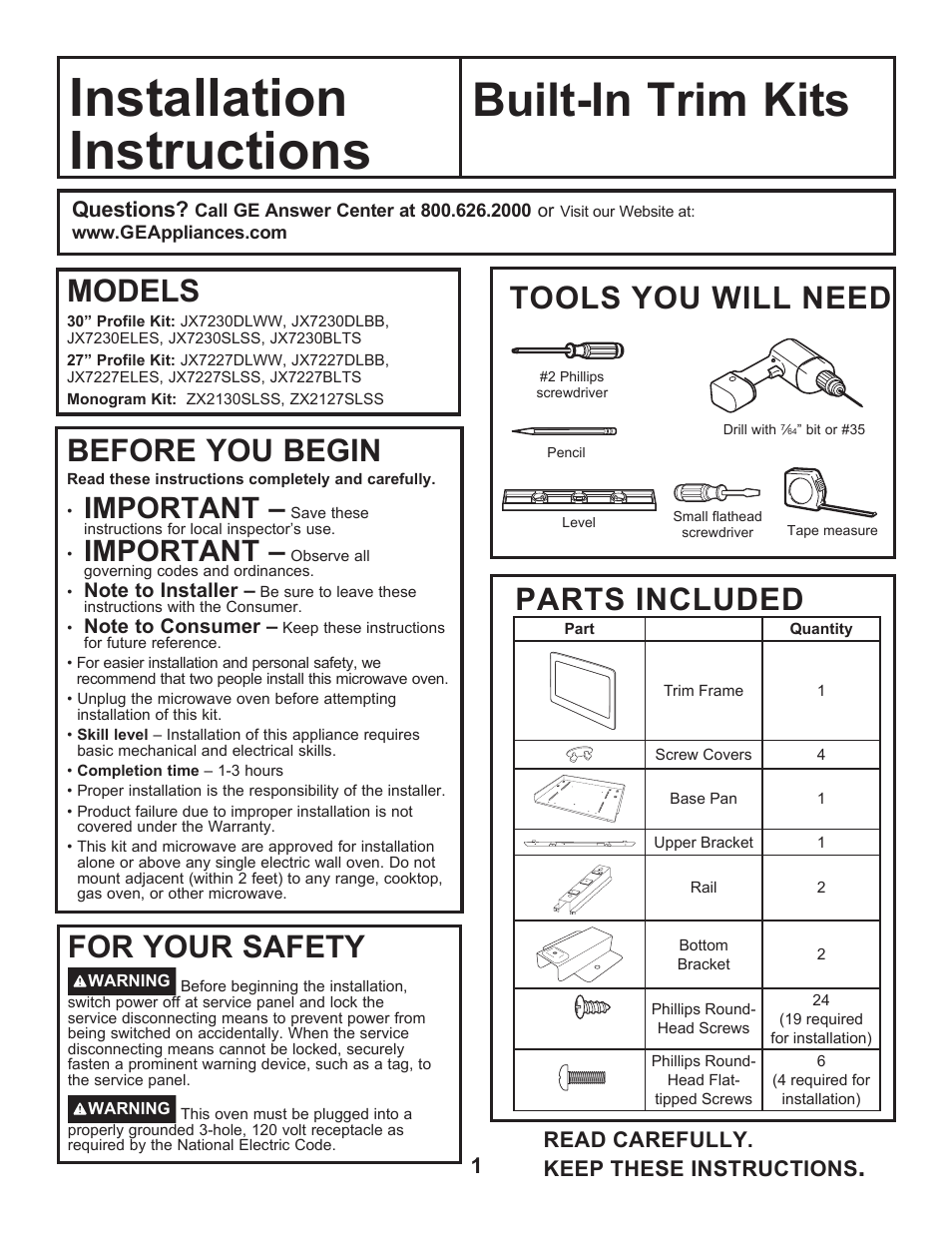 GE Profile 2.2 cu. ft. Built-In Microwave Installation Sheet User Manual | 8 pages