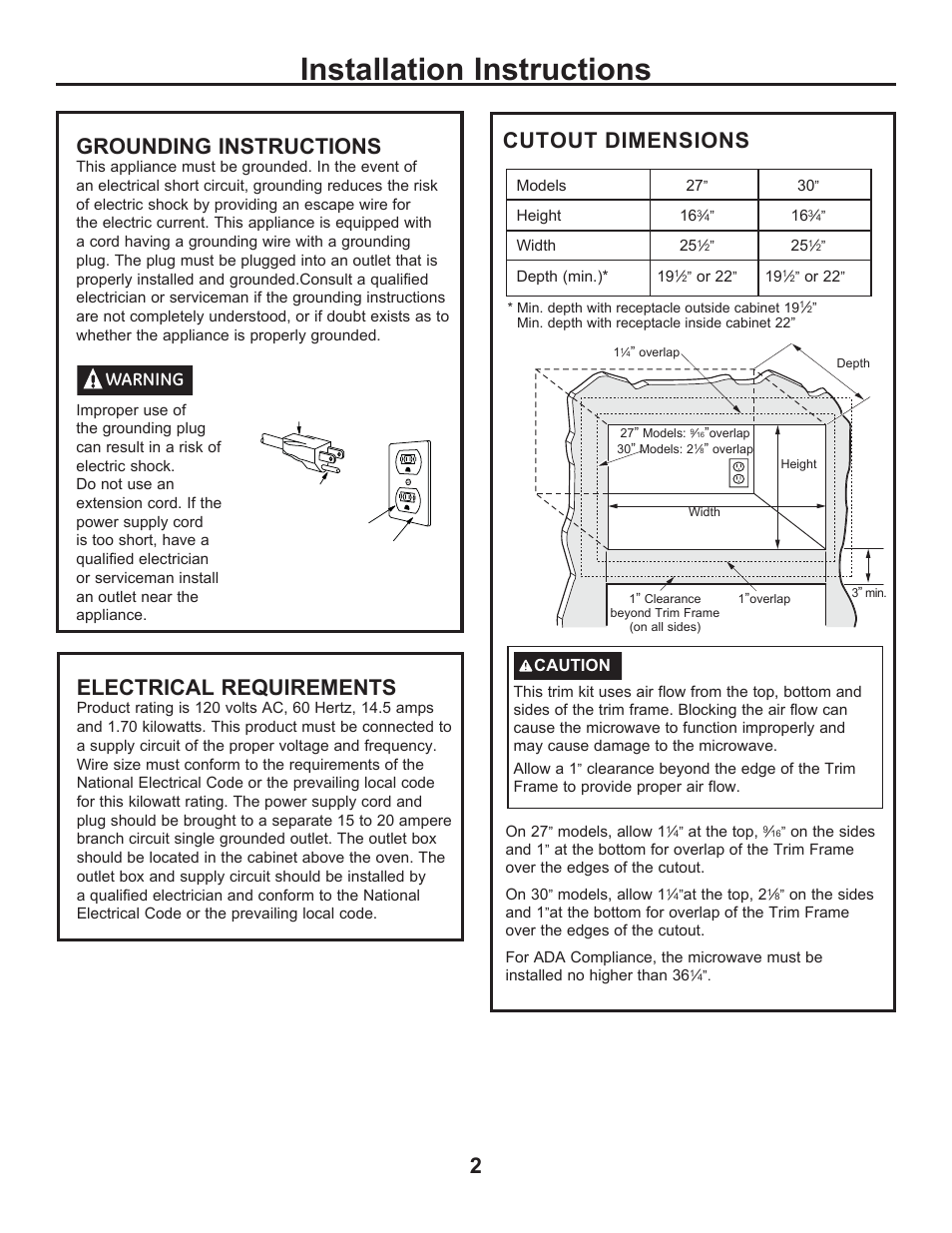 Installation instructions, 2cutout dimensions, Grounding instructions | Electrical requirements, Warning | GE Profile 2.2 cu. ft. Built-In Microwave Installation Sheet User Manual | Page 2 / 8