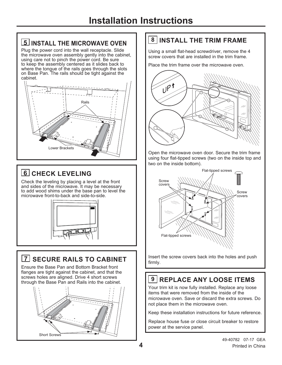 Installation instructions, Install the trim frame, Replace any loose items | 7 secure rails to cabinet, 5 install the microwave oven, 6 check leveling | GE Profile 2.2 cu. ft. Built-In Microwave Installation Sheet User Manual | Page 4 / 8