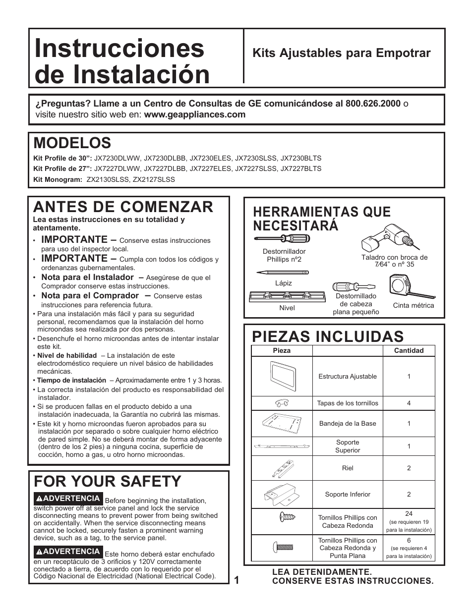 Instrucciones, De instalación, Antes de comenzar | Piezas incluidas modelos, For your safety, Herramientas que necesitará, Kits ajustables para empotrar, Importante | GE Profile 2.2 cu. ft. Built-In Microwave Installation Sheet User Manual | Page 5 / 8