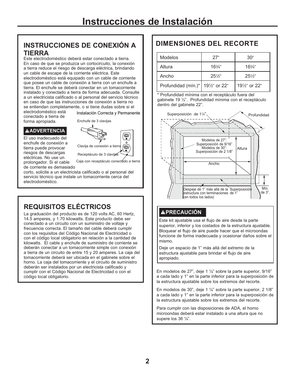 Instrucciones de instalación, Dimensiones del recorte, Instrucciones de conexión a tierra | Requisitos eléctricos | GE Profile 2.2 cu. ft. Built-In Microwave Installation Sheet User Manual | Page 6 / 8