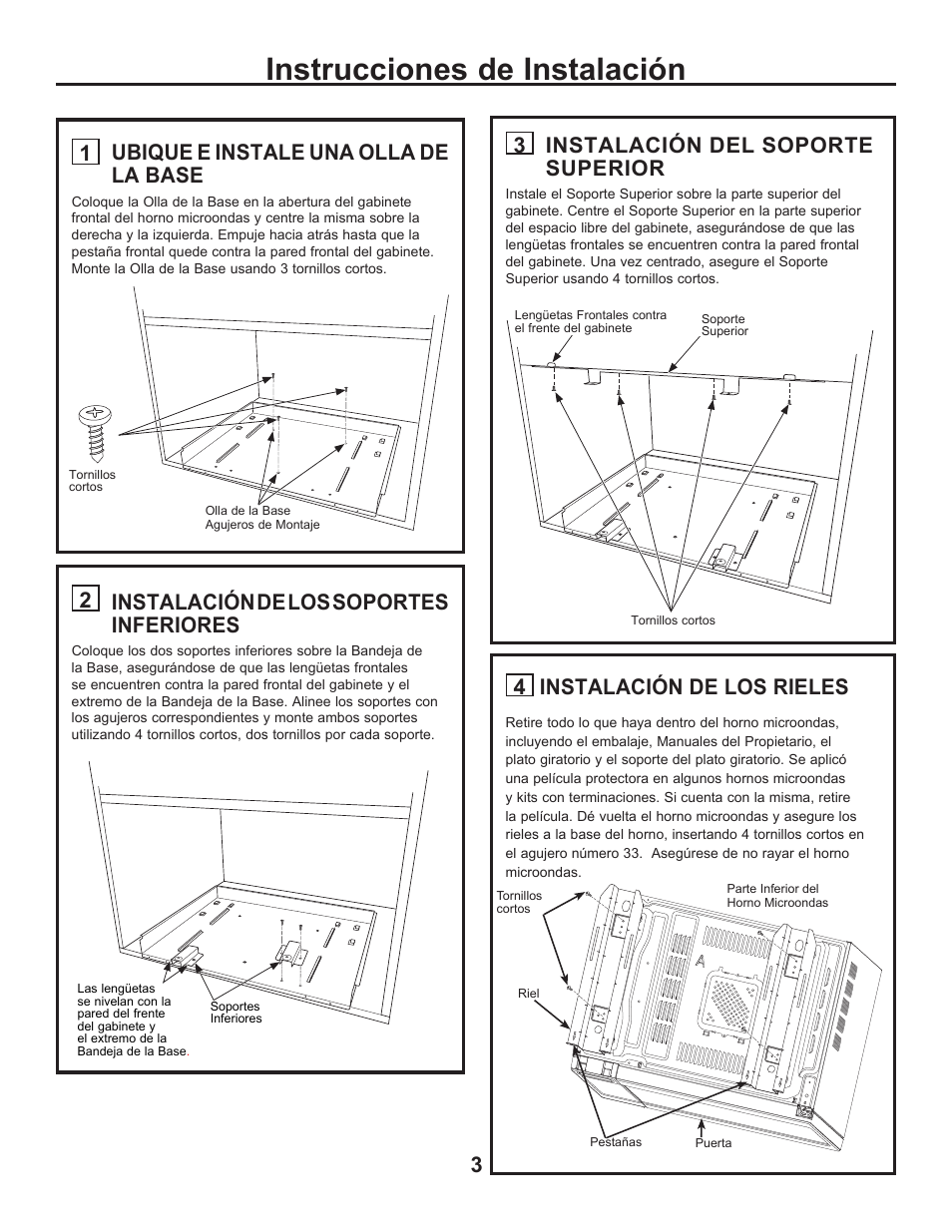 Instrucciones de instalación, 1 ubique e instale una olla de la base, 2 instalación de los soportes inferiores | 4 instalación de los rieles, 3 instalación del soporte superior | GE Profile 2.2 cu. ft. Built-In Microwave Installation Sheet User Manual | Page 7 / 8