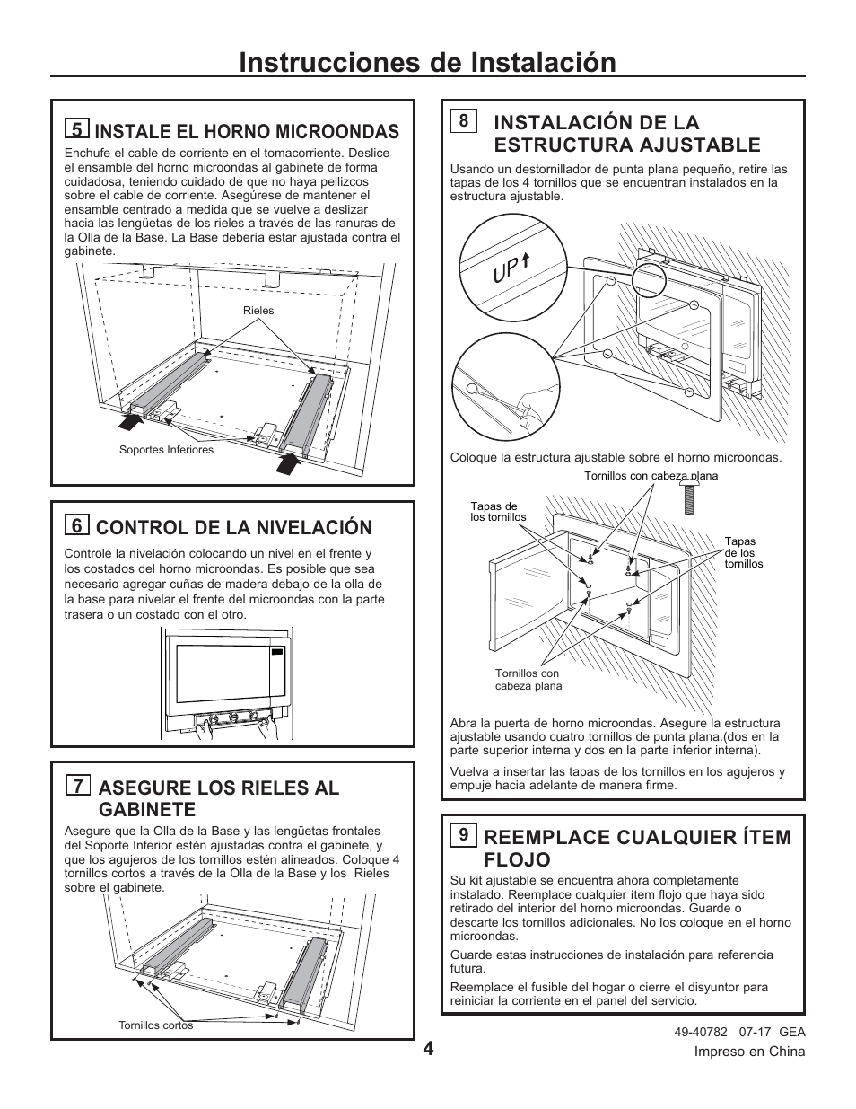 Instrucciones de instalación, Instalación de la estructura ajustable, Reemplace cualquier ítem flojo | 7 asegure los rieles al gabinete, 5 instale el horno microondas, 6 control de la nivelación | GE Profile 2.2 cu. ft. Built-In Microwave Installation Sheet User Manual | Page 8 / 8