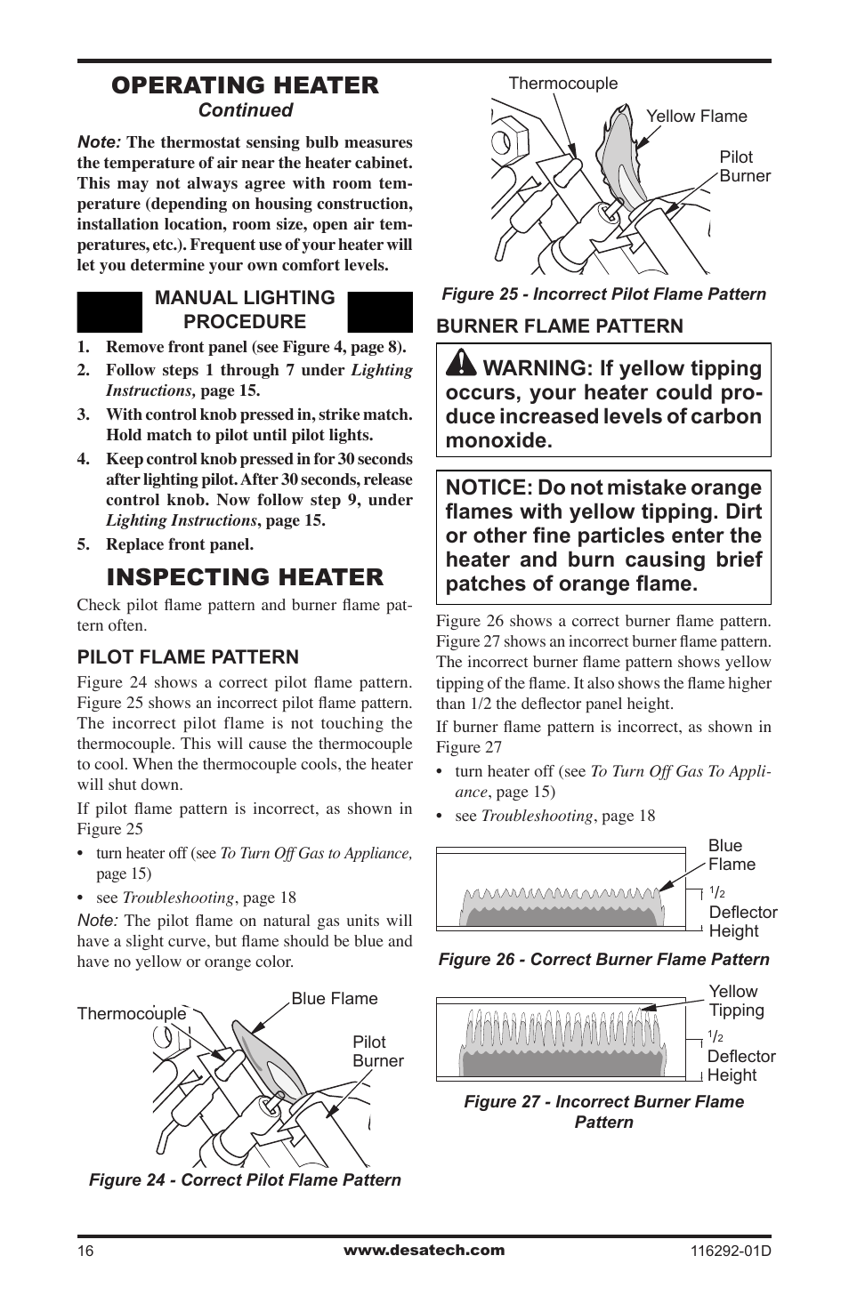 Inspecting heater, Operating heater | Desa VSL18NT User Manual | Page 16 / 56