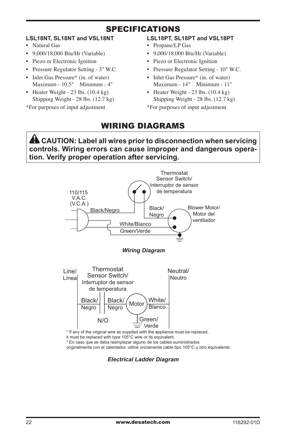 Specifications, Wiring diagrams | Desa VSL18NT User Manual | Page 22 / 56