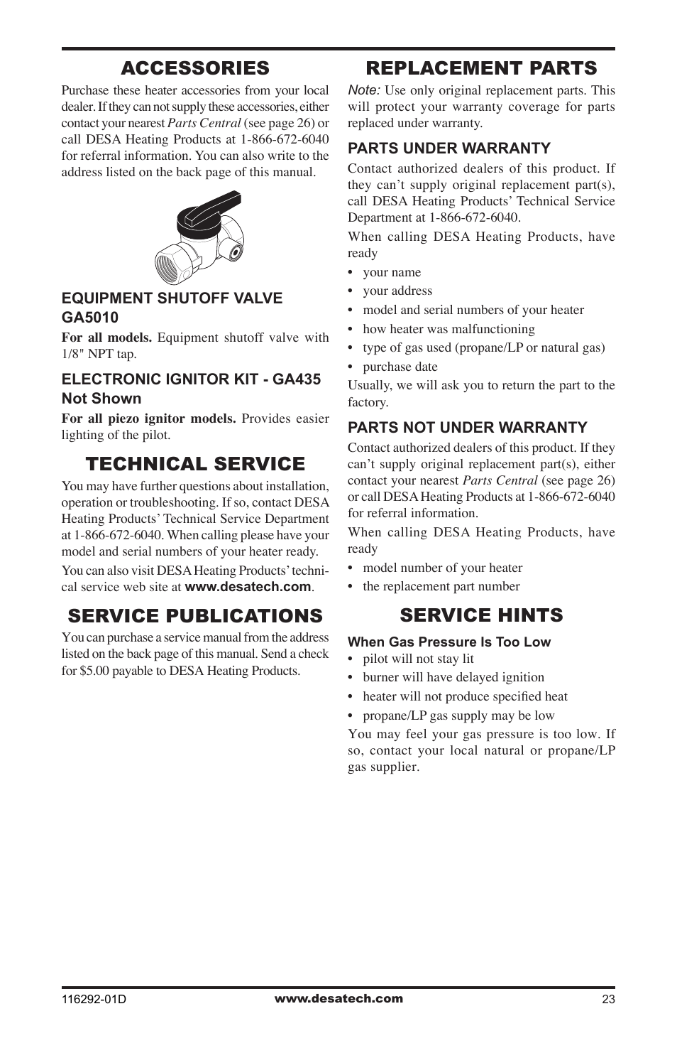 Accessories, Technical service, Service publications | Replacement parts, Service hints | Desa VSL18NT User Manual | Page 23 / 56