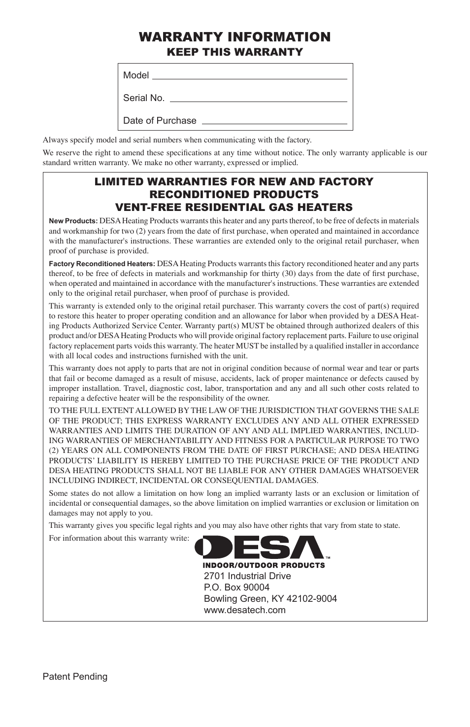 Warranty information | Desa VSL18NT User Manual | Page 28 / 56