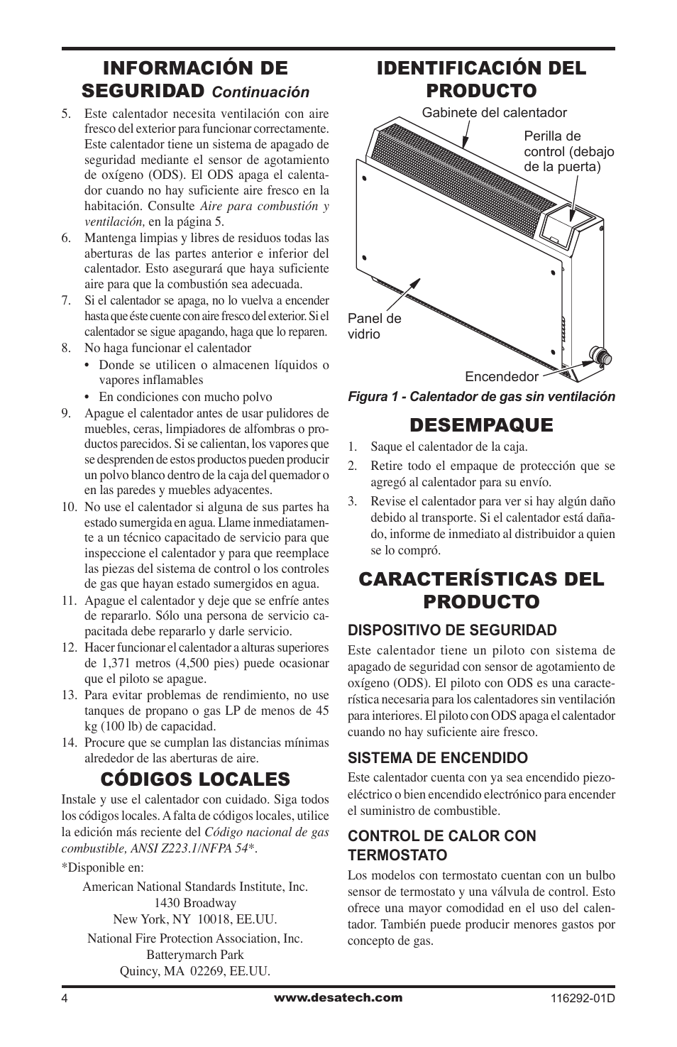 Códigos locales, Identificación del producto, Desempaque | Características del producto, Información de seguridad, Identificación del producto desempaque | Desa VSL18NT User Manual | Page 32 / 56