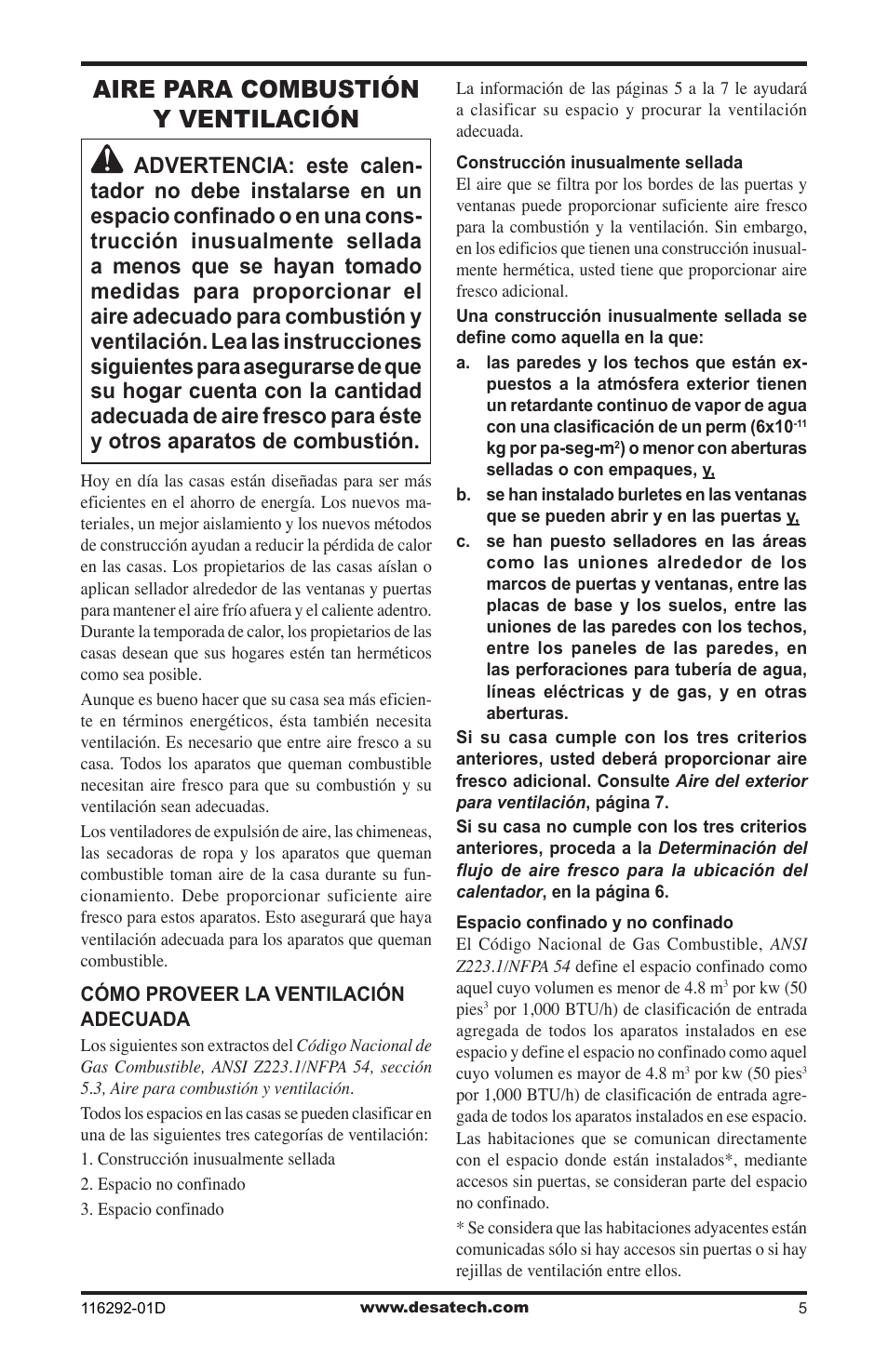 Aire para combustión y ventilación | Desa VSL18NT User Manual | Page 33 / 56