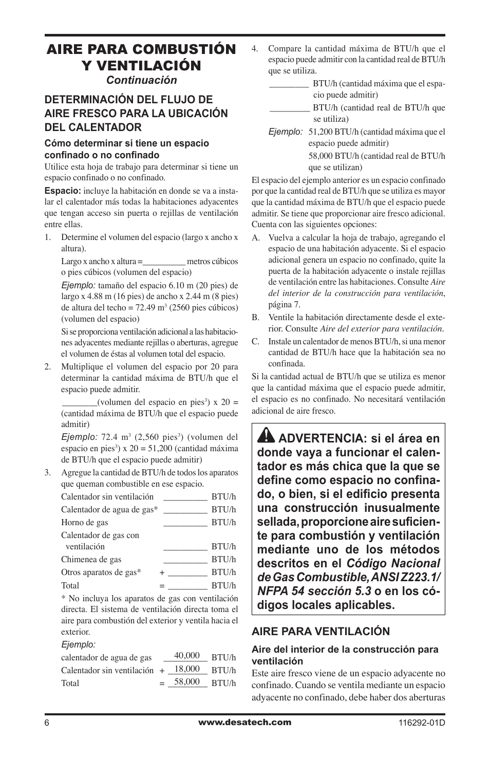 Aire para combustión y ventilación | Desa VSL18NT User Manual | Page 34 / 56