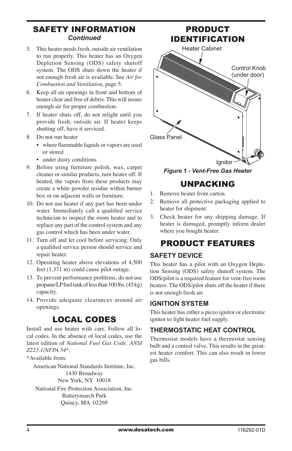 Local codes, Product identification, Unpacking | Product features, Safety information, Product identification unpacking | Desa VSL18NT User Manual | Page 4 / 56