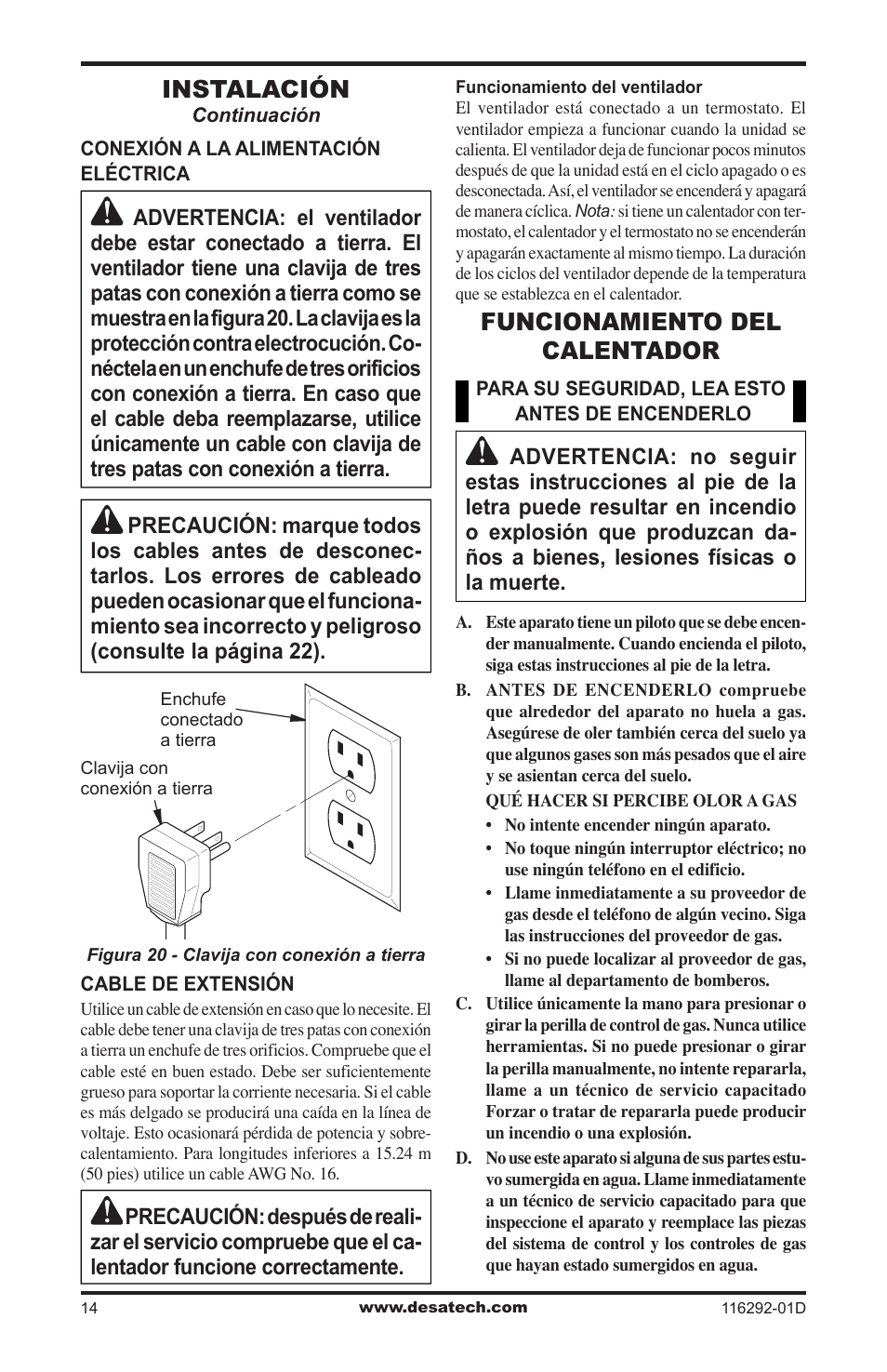 Funcionamiento del calentador, Instalación | Desa VSL18NT User Manual | Page 42 / 56