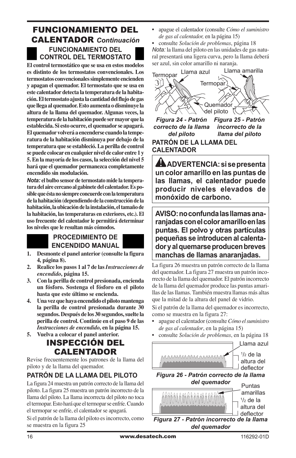 Inspección del calentador, Funcionamiento del calentador | Desa VSL18NT User Manual | Page 44 / 56