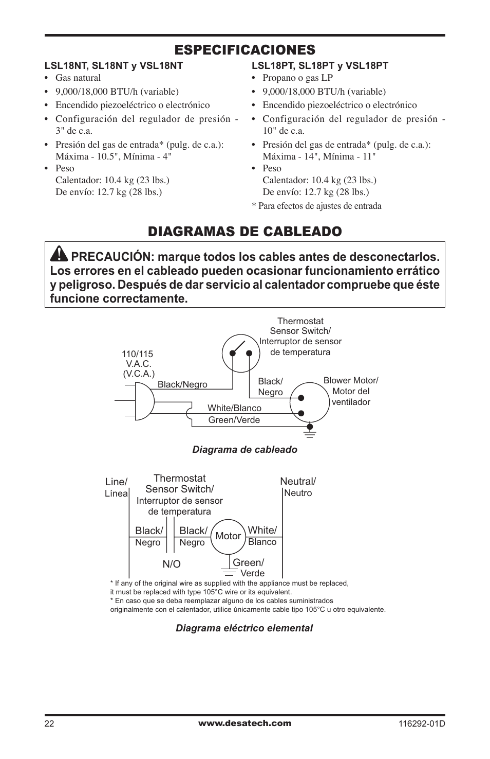Especificaciones, Diagramas de cableado | Desa VSL18NT User Manual | Page 50 / 56