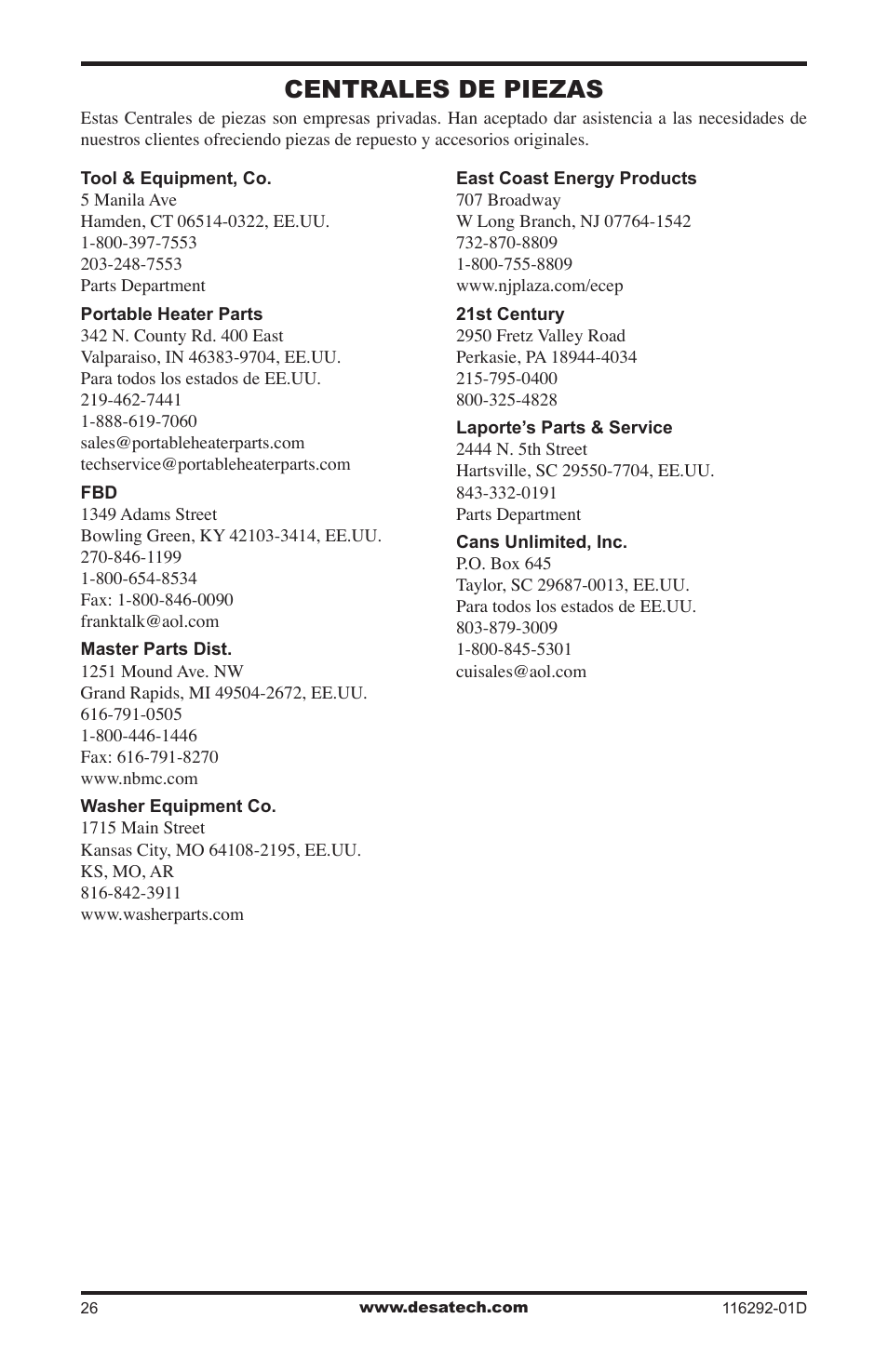 Centrales de piezas | Desa VSL18NT User Manual | Page 54 / 56