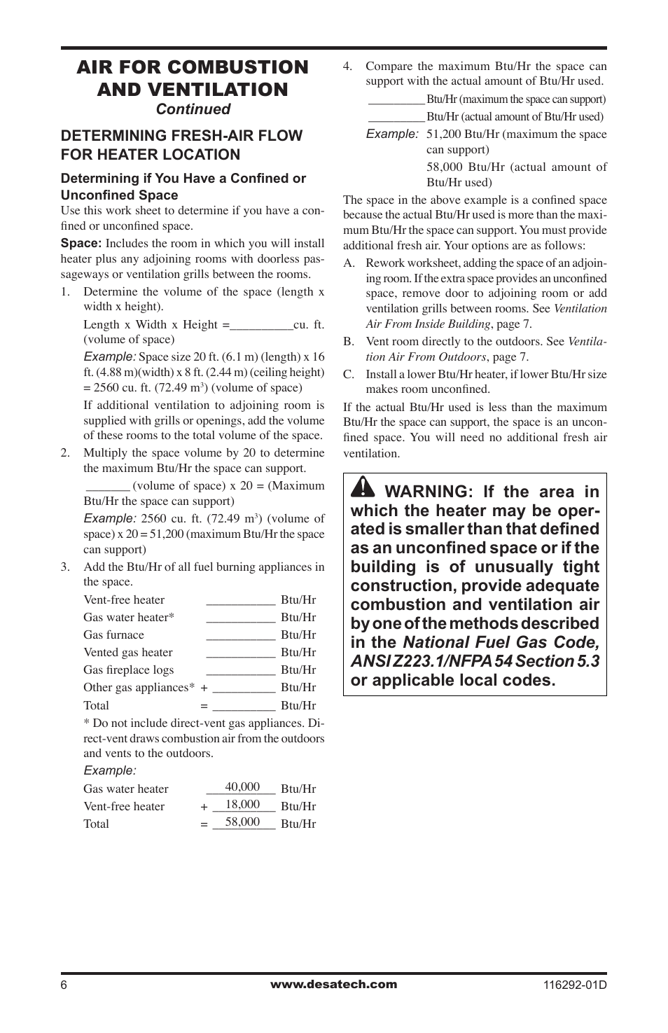 Air for combustion and ventilation | Desa VSL18NT User Manual | Page 6 / 56