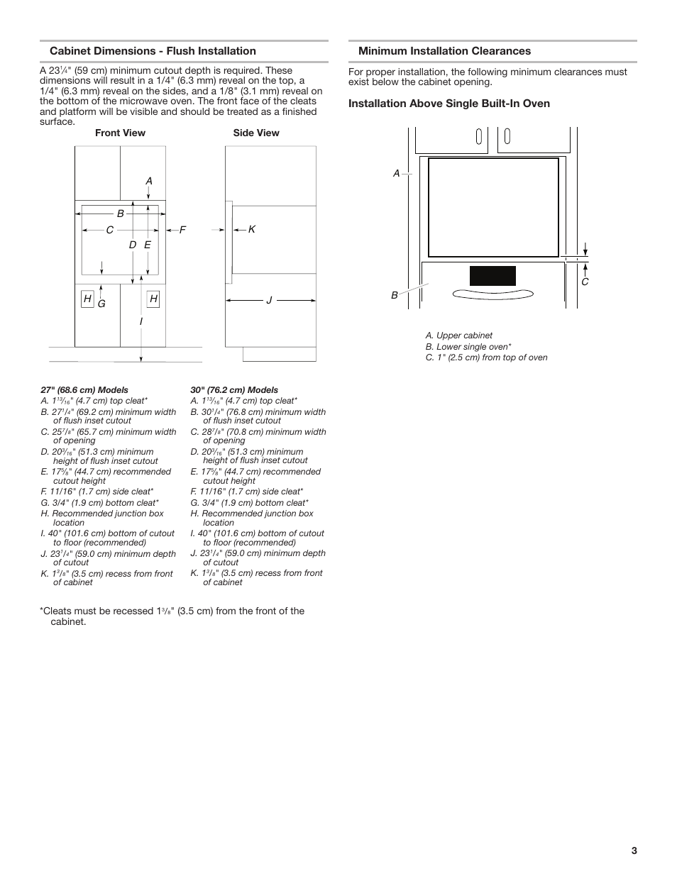 Cabinet dimensions - flush installation, Minimum installation clearances, Installation above single built-in oven | JennAir Rise 27 Inch Built-In Microwave Oven Flush Kit Installation Instructions User Manual | Page 3 / 8