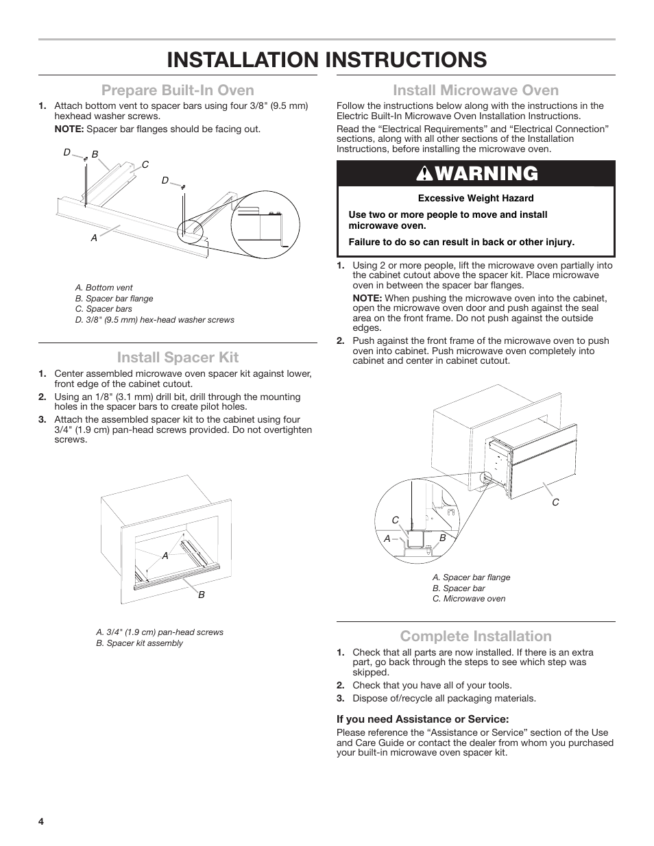 Installation instructions, Warning, Prepare built-in oven | Install spacer kit, Install microwave oven, Complete installation | JennAir Rise 27 Inch Built-In Microwave Oven Flush Kit Installation Instructions User Manual | Page 4 / 8