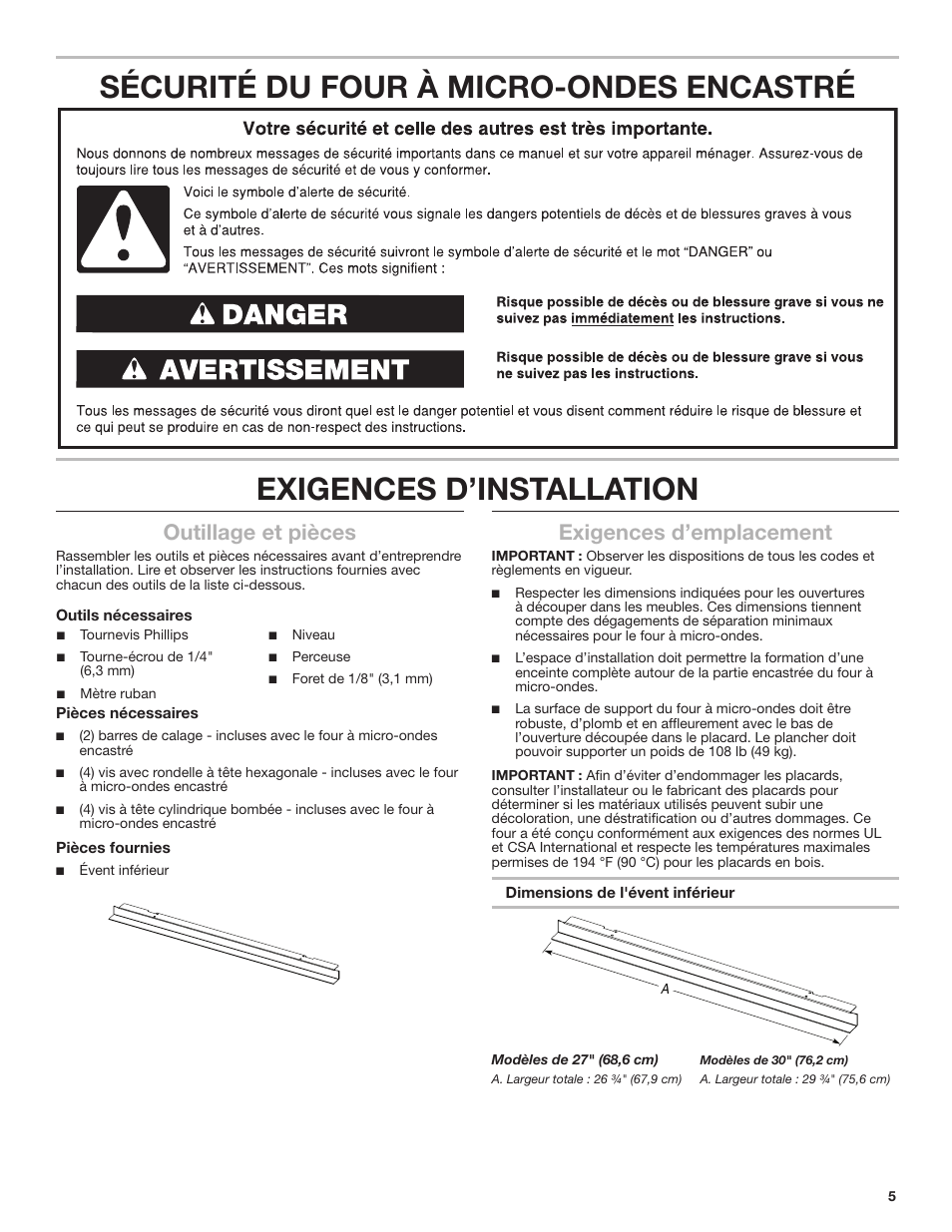 Outillage et pièces, Exigences d’emplacement | JennAir Rise 27 Inch Built-In Microwave Oven Flush Kit Installation Instructions User Manual | Page 5 / 8