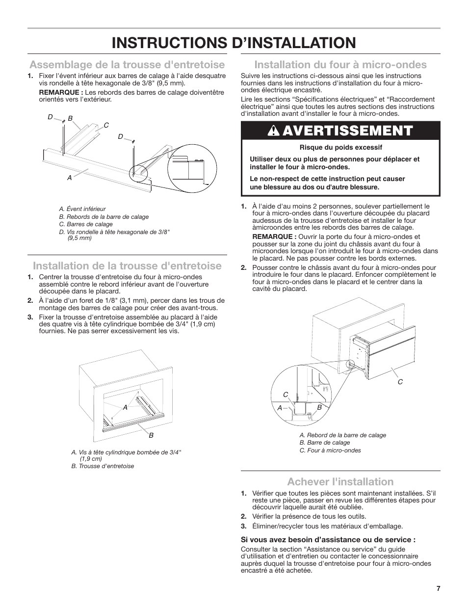 Instructions d’installation, Avertissement, Assemblage de la trousse d'entretoise | Installation de la trousse d'entretoise, Installation du four à micro-ondes, Achever l'installation | JennAir Rise 27 Inch Built-In Microwave Oven Flush Kit Installation Instructions User Manual | Page 7 / 8