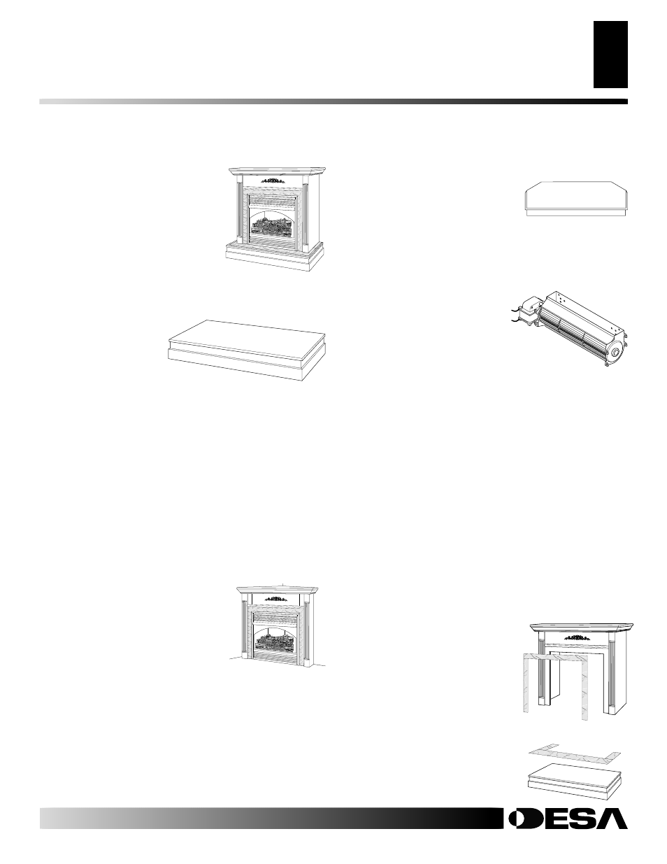 Accessories, Continued, Firebox brick liner - g8001 series | Brass trim accessory, Duplex outlet kit - ga3555, Corner mantel, Corner hearth base, Cabinet mantel, Hardwood hearth base, Slim hearth base | Desa VSGF28NVA User Manual | Page 23 / 36