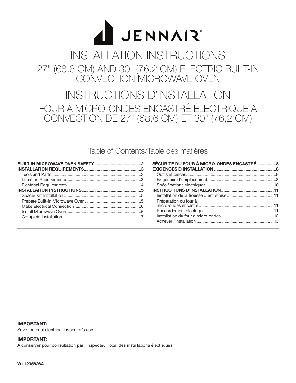 JennAir Rise 27 Inch Built-In Microwave Oven Installation Instructions User Manual | 16 pages