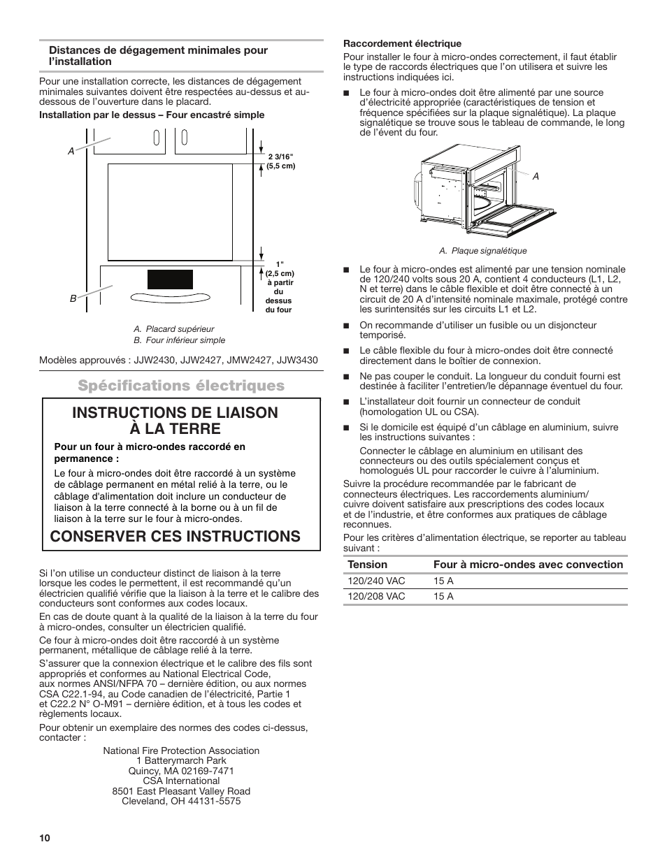 Spécifications électriques | JennAir Rise 27 Inch Built-In Microwave Oven Installation Instructions User Manual | Page 10 / 16