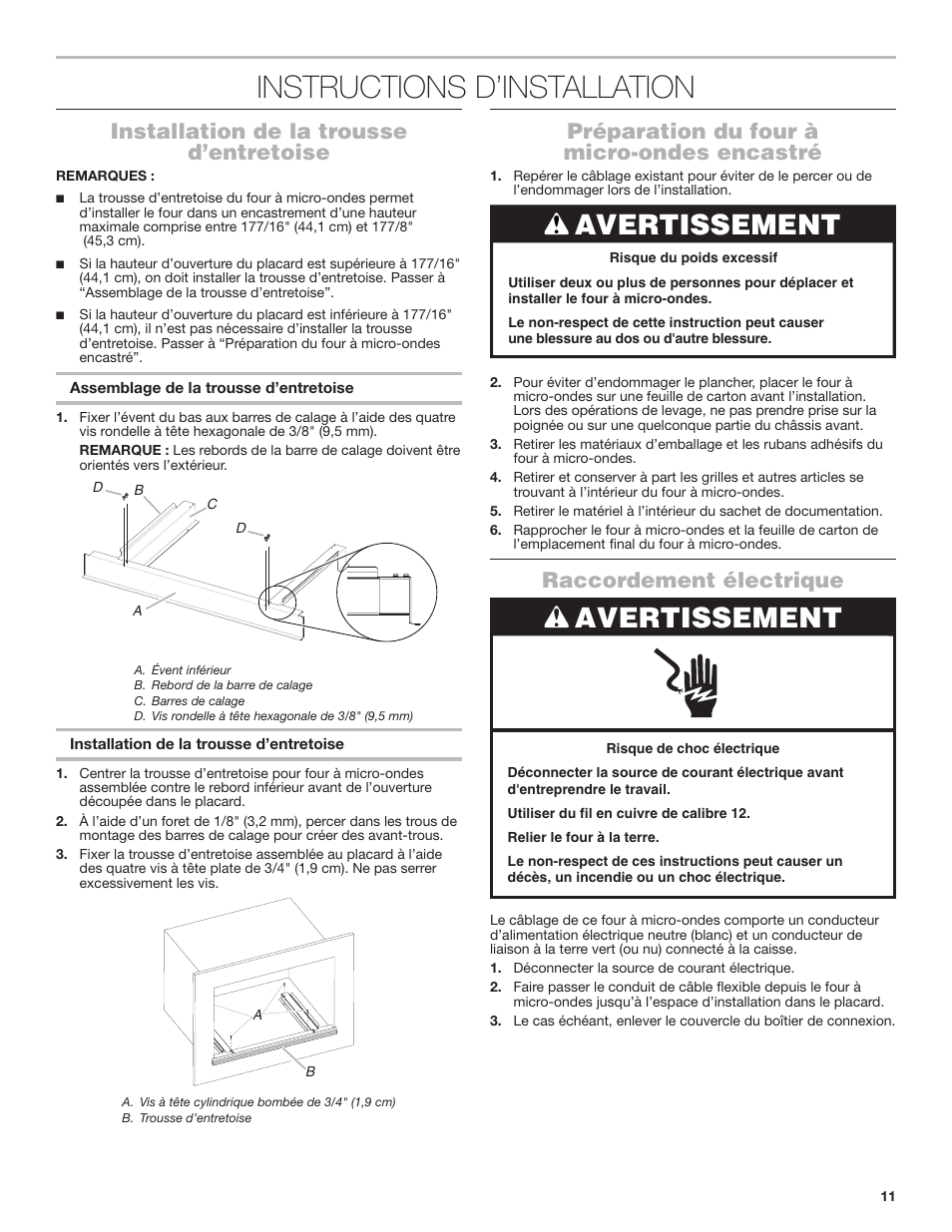 Instructions d’installation, Avertissement, Installation de la trousse d’entretoise | Préparation du four à micro-ondes encastré, Raccordement électrique | JennAir Rise 27 Inch Built-In Microwave Oven Installation Instructions User Manual | Page 11 / 16