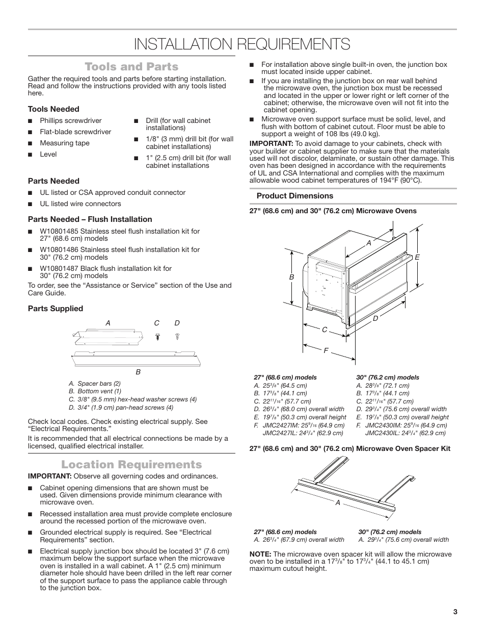 Installation requirements, Tools and parts, Location requirements | JennAir Rise 27 Inch Built-In Microwave Oven Installation Instructions User Manual | Page 3 / 16