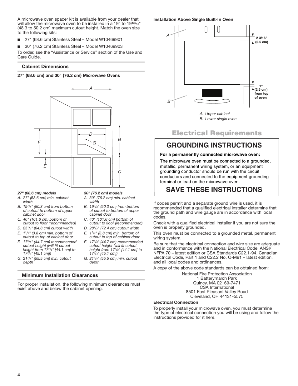 Electrical requirements, Grounding instructions save these instructions | JennAir Rise 27 Inch Built-In Microwave Oven Installation Instructions User Manual | Page 4 / 16