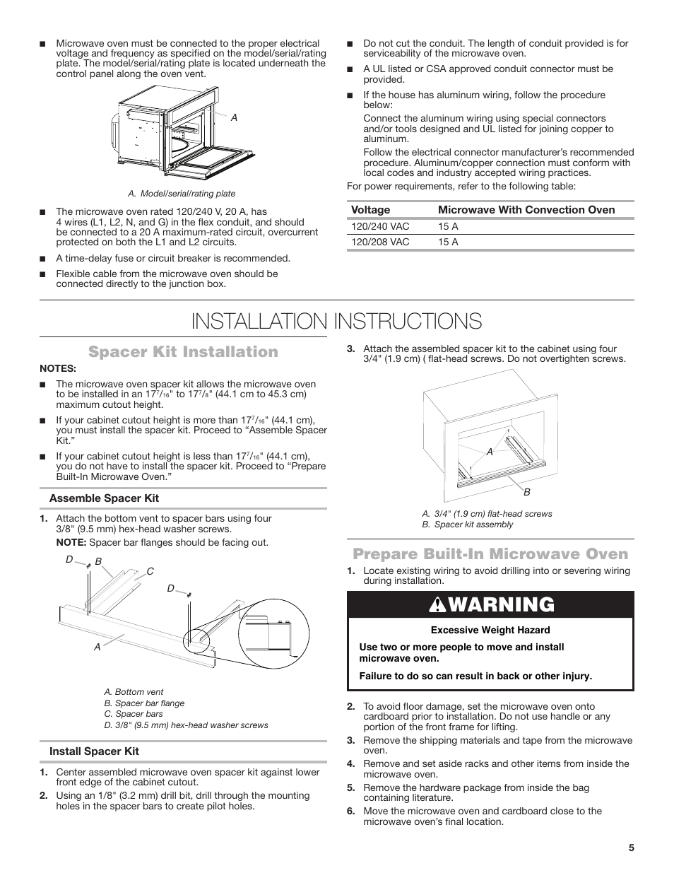 Installation instructions, Warning, Spacer kit installation | Prepare built-in microwave oven | JennAir Rise 27 Inch Built-In Microwave Oven Installation Instructions User Manual | Page 5 / 16