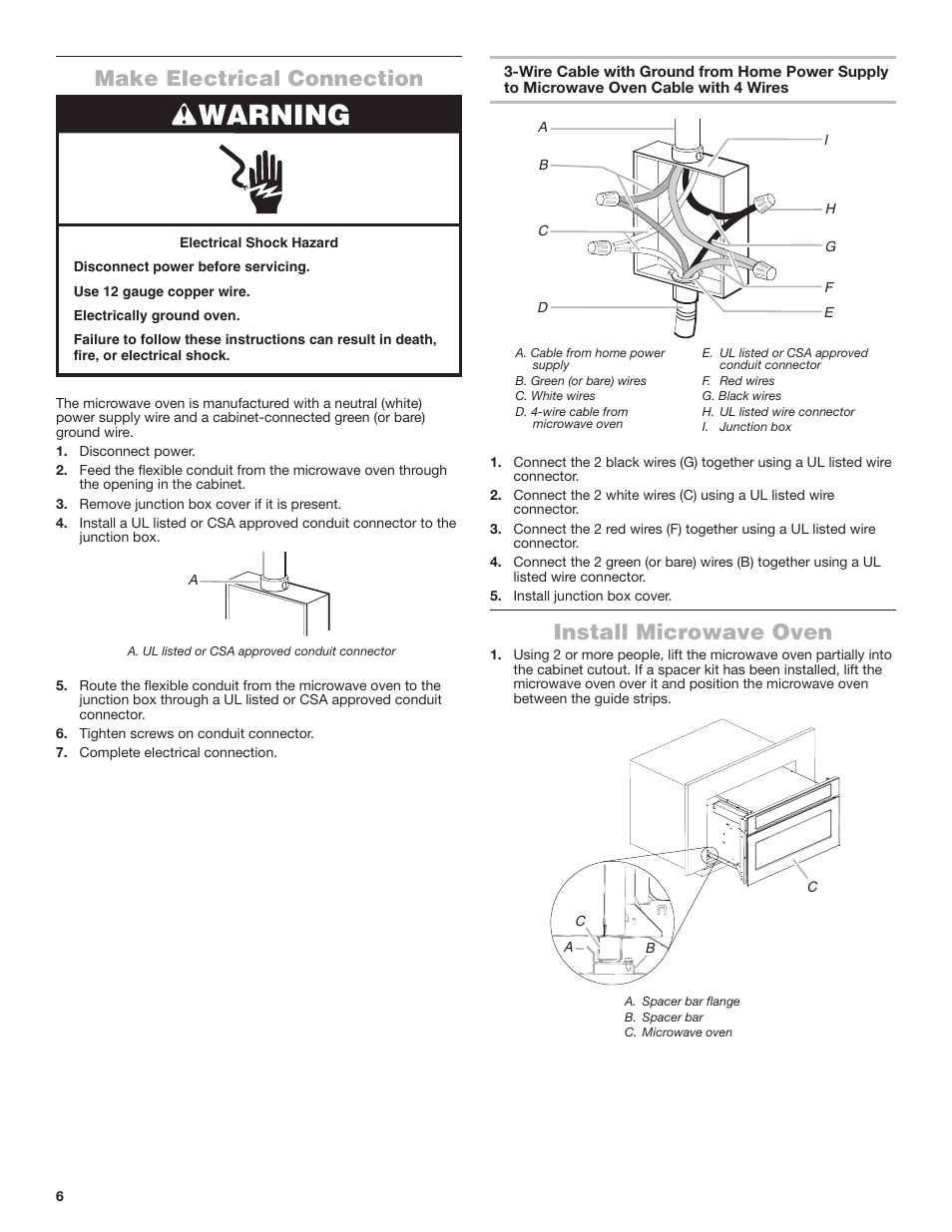 Warning, Make electrical connection, Install microwave oven | JennAir Rise 27 Inch Built-In Microwave Oven Installation Instructions User Manual | Page 6 / 16