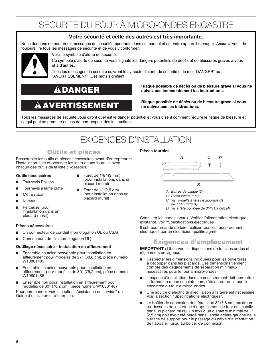 Avertissement danger, Outils et pièces, Exigences d’emplacement | JennAir Rise 27 Inch Built-In Microwave Oven Installation Instructions User Manual | Page 8 / 16