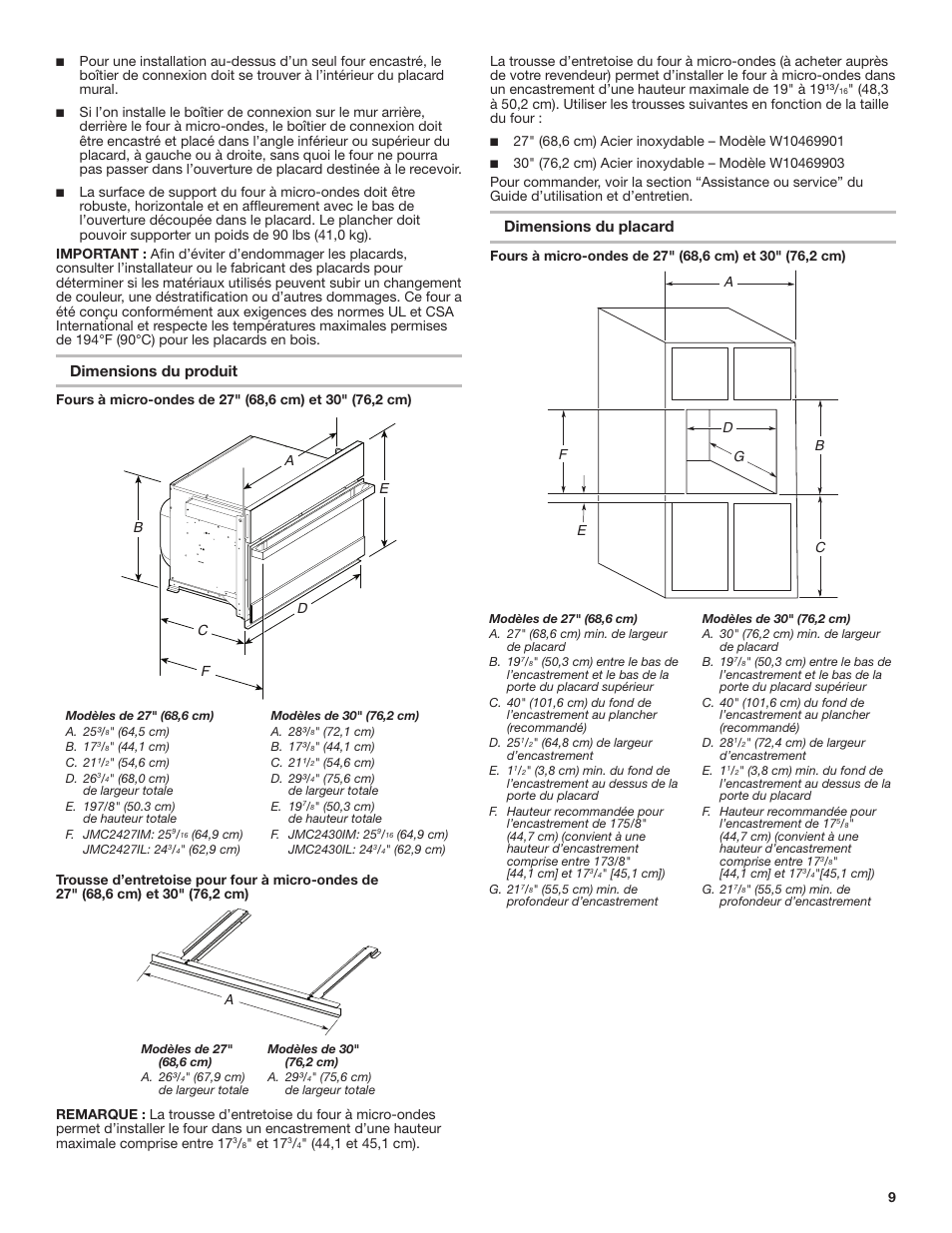 Dimensions du produit, Dimensions du placard | JennAir Rise 27 Inch Built-In Microwave Oven Installation Instructions User Manual | Page 9 / 16