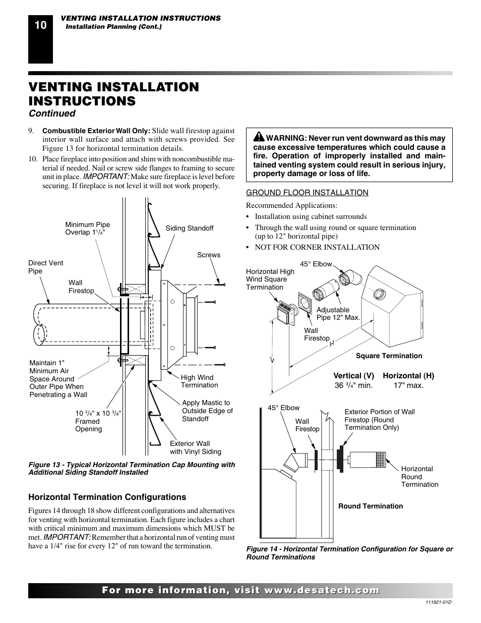 Venting installation instructions, Continued | Desa (V)K42P SERIES User Manual | Page 10 / 40