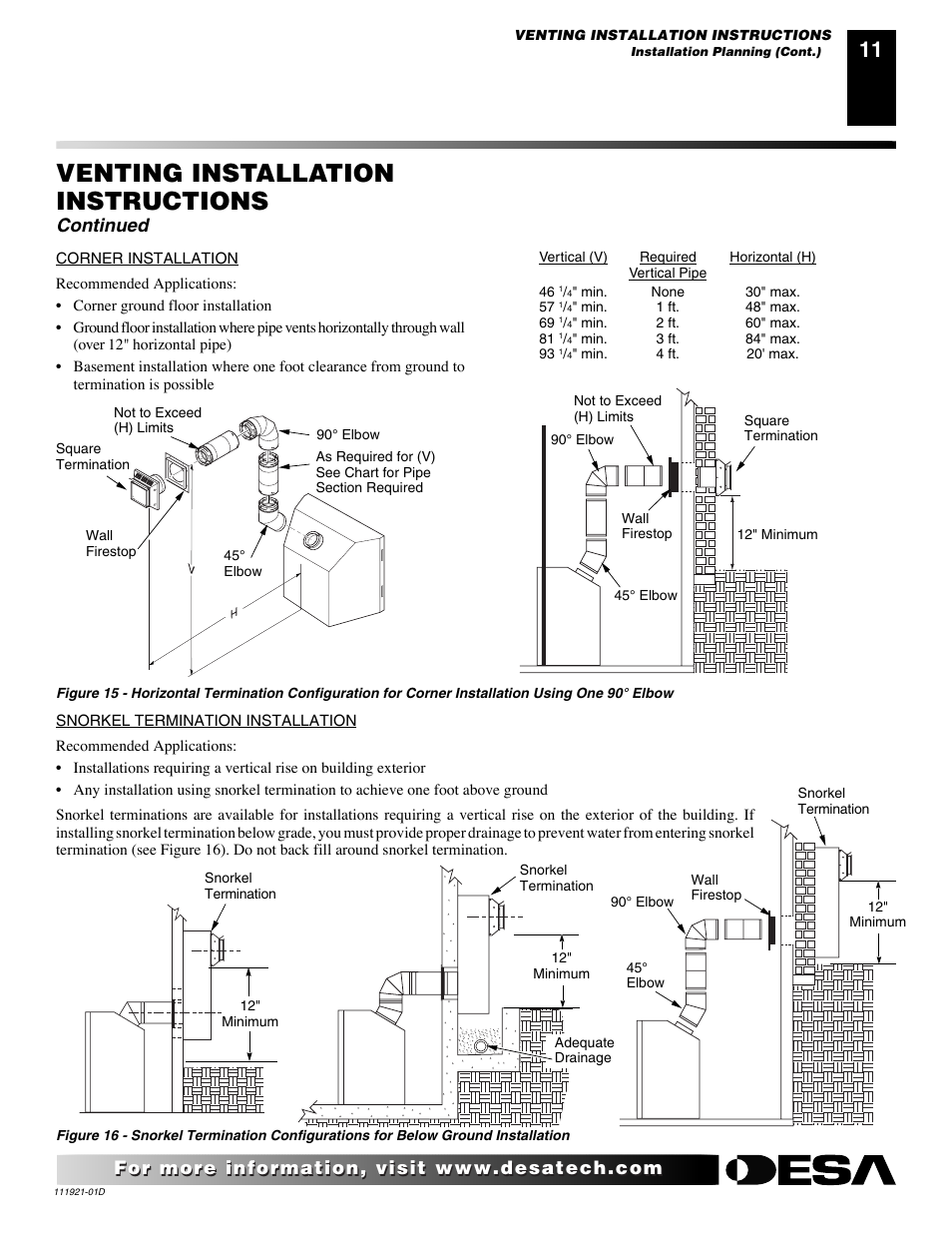 Venting installation instructions, Continued | Desa (V)K42P SERIES User Manual | Page 11 / 40