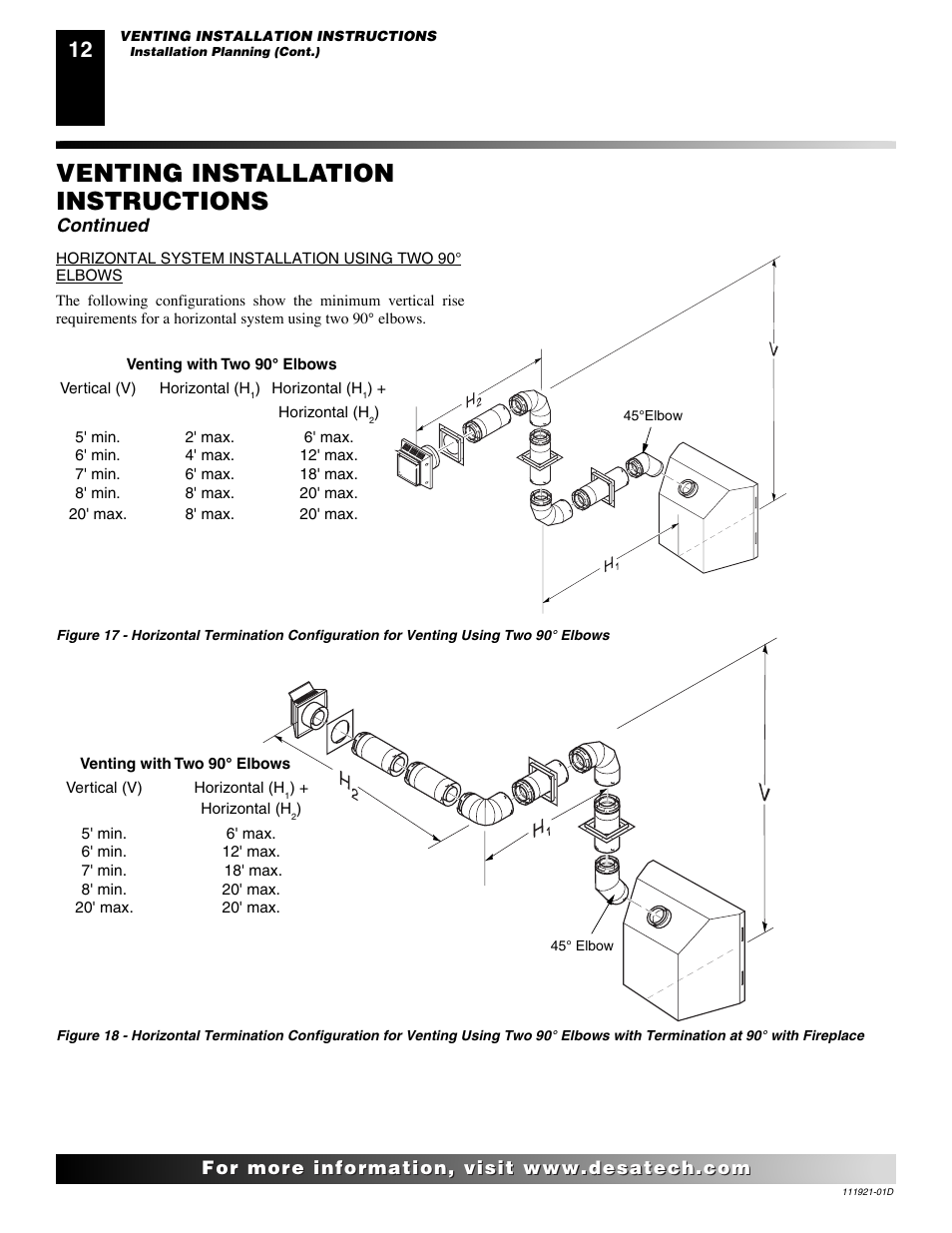 Venting installation instructions, Continued | Desa (V)K42P SERIES User Manual | Page 12 / 40