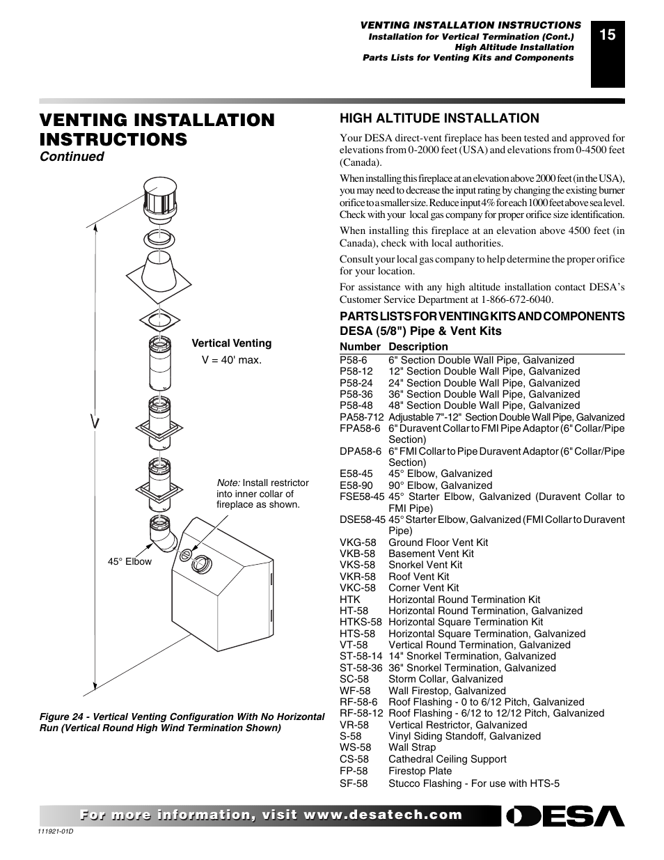 Venting installation instructions, Continued, High altitude installation | Desa (V)K42P SERIES User Manual | Page 15 / 40