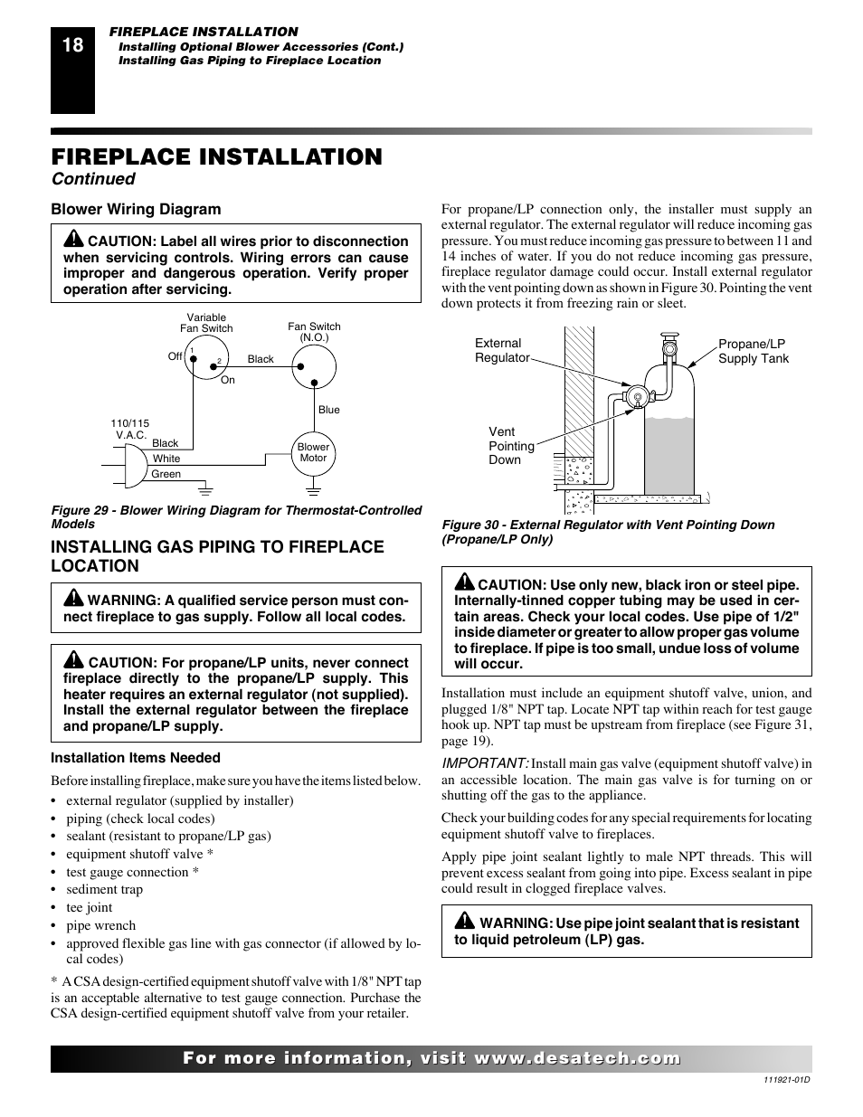 Fireplace installation, Continued, Installing gas piping to fireplace location | Desa (V)K42P SERIES User Manual | Page 18 / 40