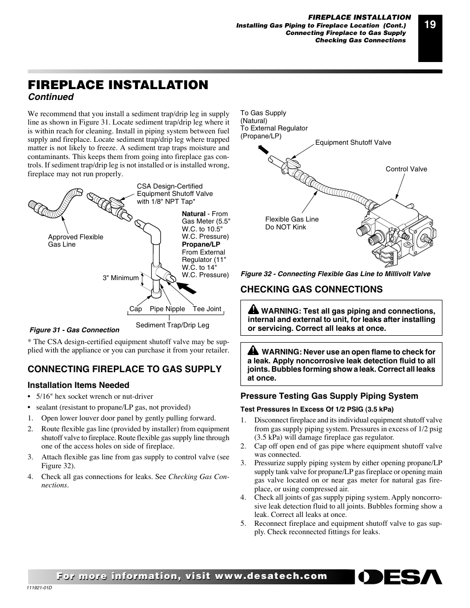 Fireplace installation, Continued | Desa (V)K42P SERIES User Manual | Page 19 / 40