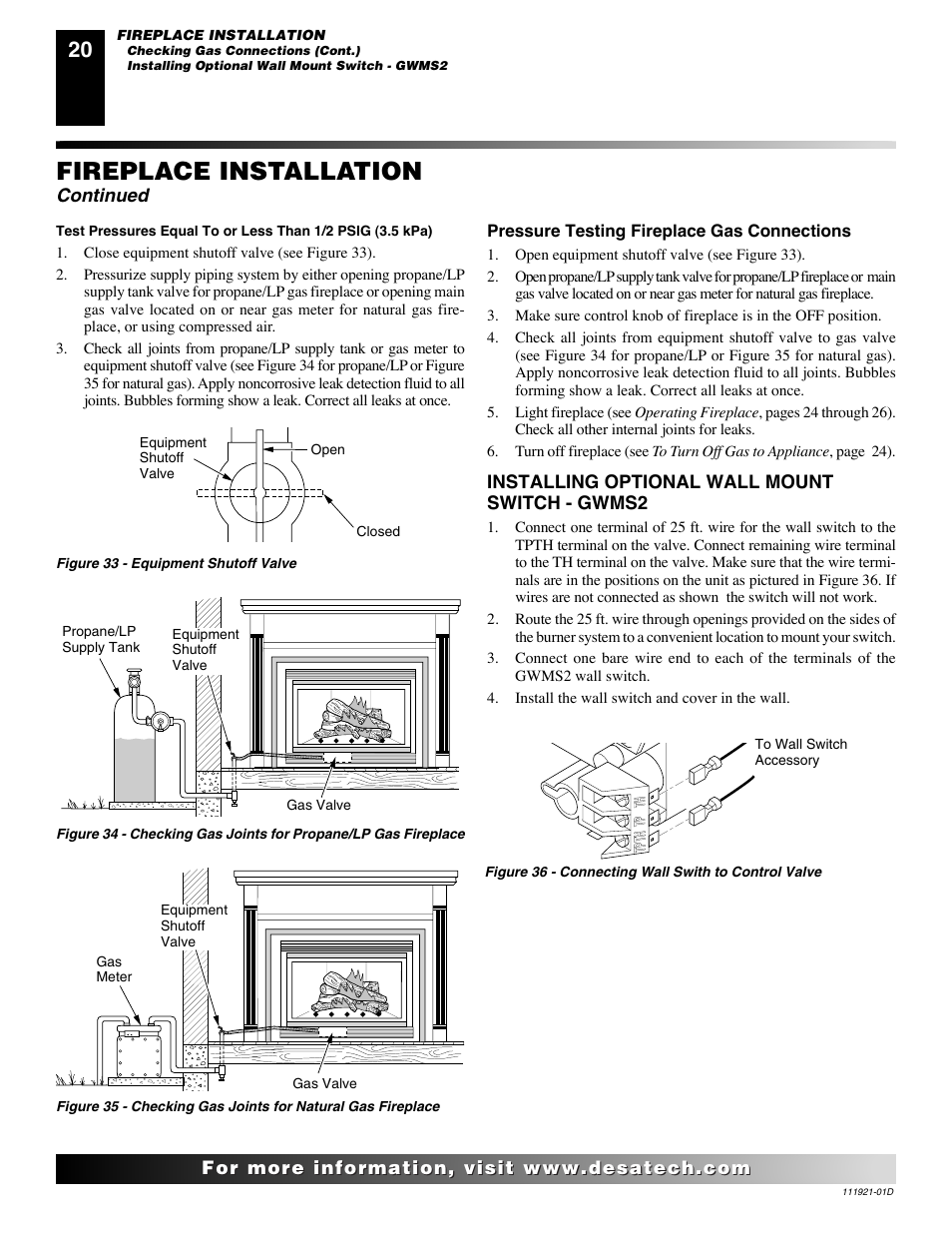 Fireplace installation, Continued | Desa (V)K42P SERIES User Manual | Page 20 / 40