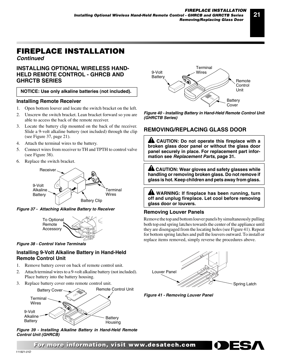 Fireplace installation, Continued | Desa (V)K42P SERIES User Manual | Page 21 / 40