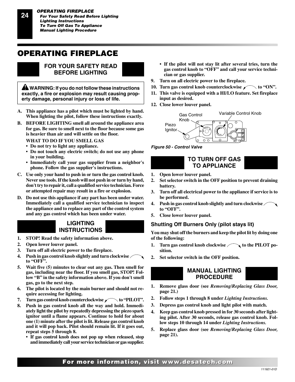 Operating fireplace, Manual lighting procedure | Desa (V)K42P SERIES User Manual | Page 24 / 40