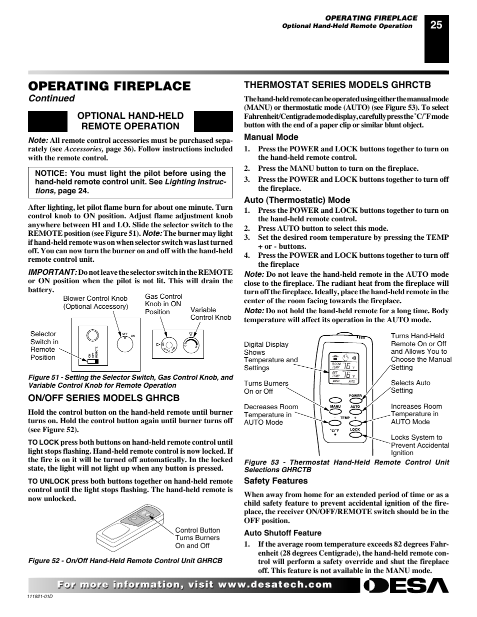 Operating fireplace, Continued, Optional hand-held remote operation | On/off series models ghrcb, Thermostat series models ghrctb, Manual mode, Auto (thermostatic) mode, Safety features | Desa (V)K42P SERIES User Manual | Page 25 / 40