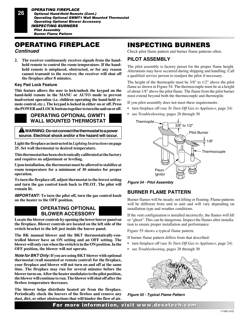 Inspecting burners, Operating fireplace | Desa (V)K42P SERIES User Manual | Page 26 / 40